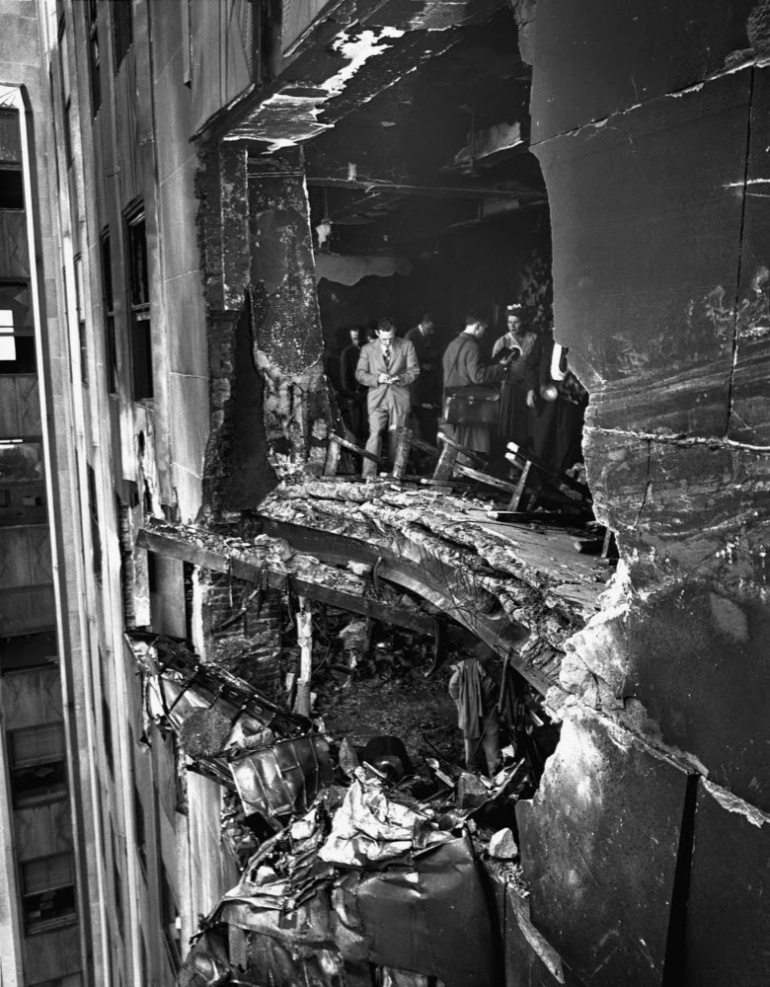 Damage to the Empire State Building from a Plane Collision 1945